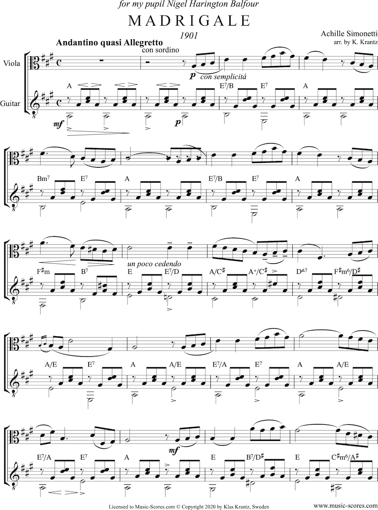 Front page of Madrigale: Viola, Guitar: A major sheet music