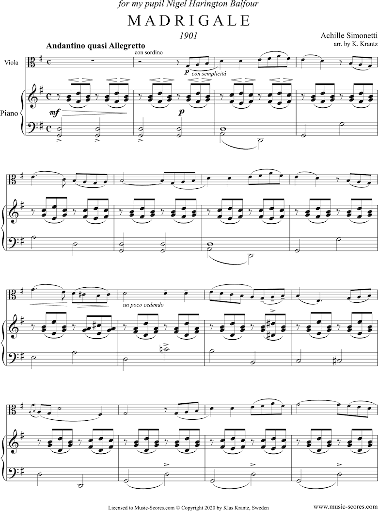 Front page of Madrigale: Viola, Piano: G major sheet music