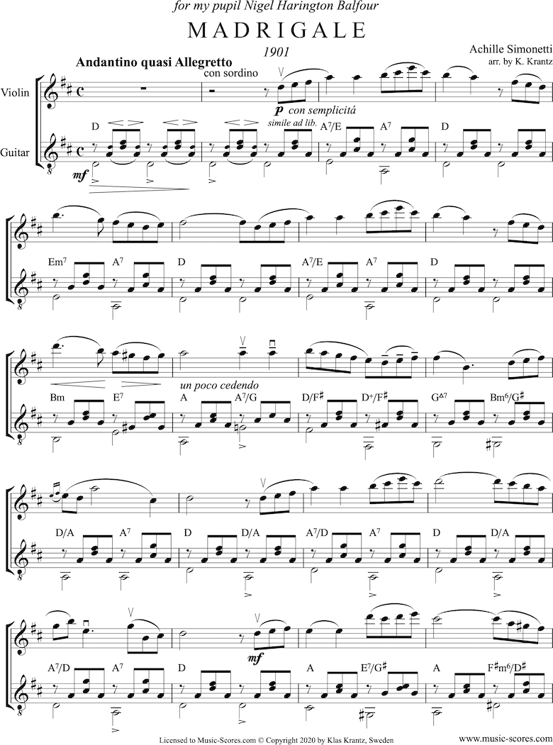 Front page of Madrigale: Violin, Guitar: D major sheet music