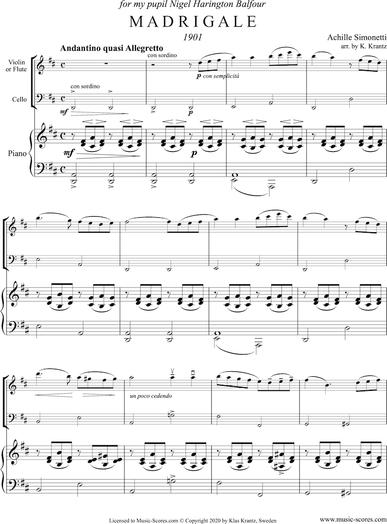 Madrigale: Violin, Cello and Piano: D major by Simonetti