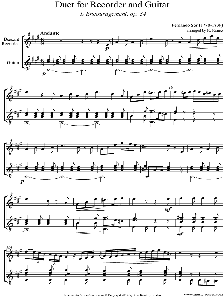 Front page of Op.34: Descant Recorder, Guitar sheet music