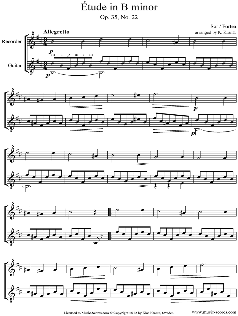 Front page of Op.35, No.22: Descant Recorder, Guitar sheet music