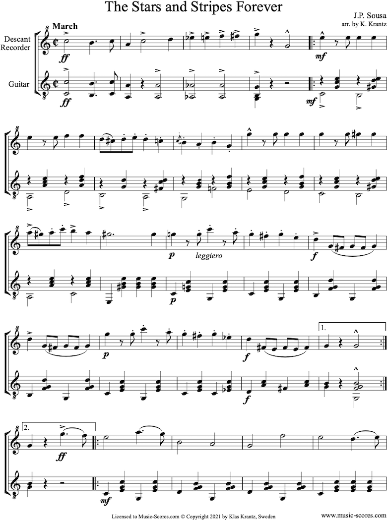 Front page of Stars and Stripes Forever: Descant Recorder, Guitar sheet music