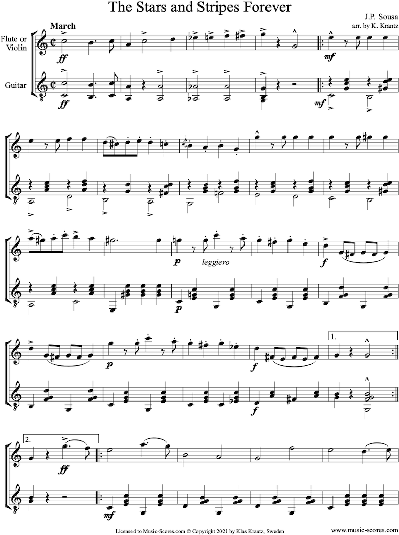 Front page of Stars and Stripes Forever: Flute, Guitar sheet music