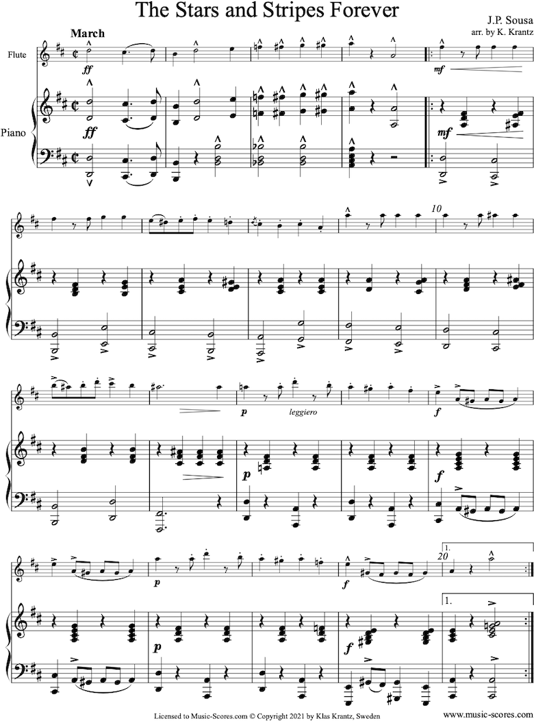 Front page of Stars and Stripes Forever: Flute, Piano sheet music