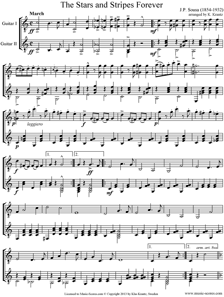 Front page of Stars and Stripes Forever: 2 Guitars, extended version sheet music