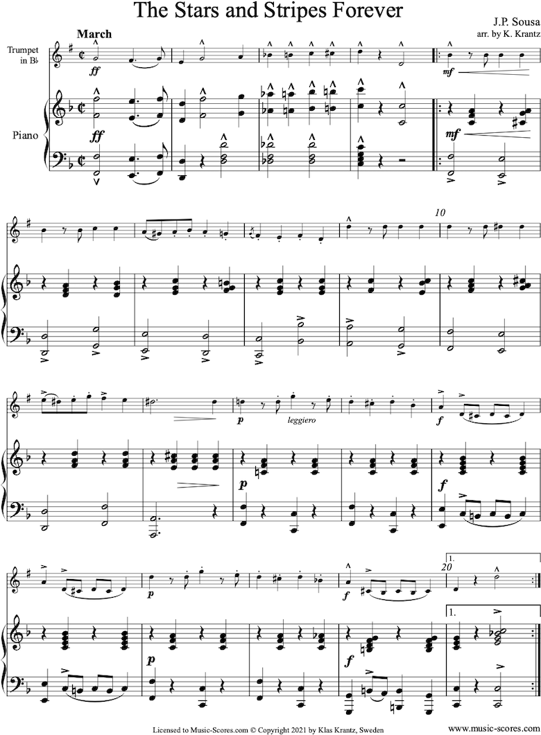 Front page of Stars and Stripes Forever: Trumpet, Piano sheet music