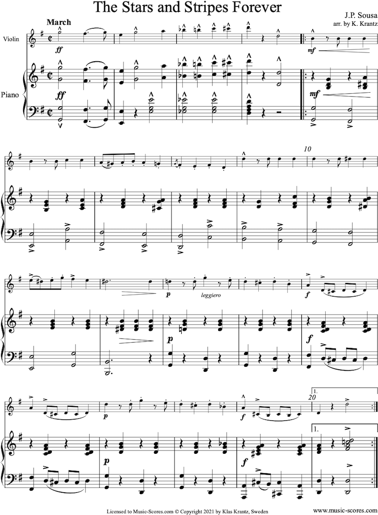 Front page of Stars and Stripes Forever: Violin, Piano sheet music