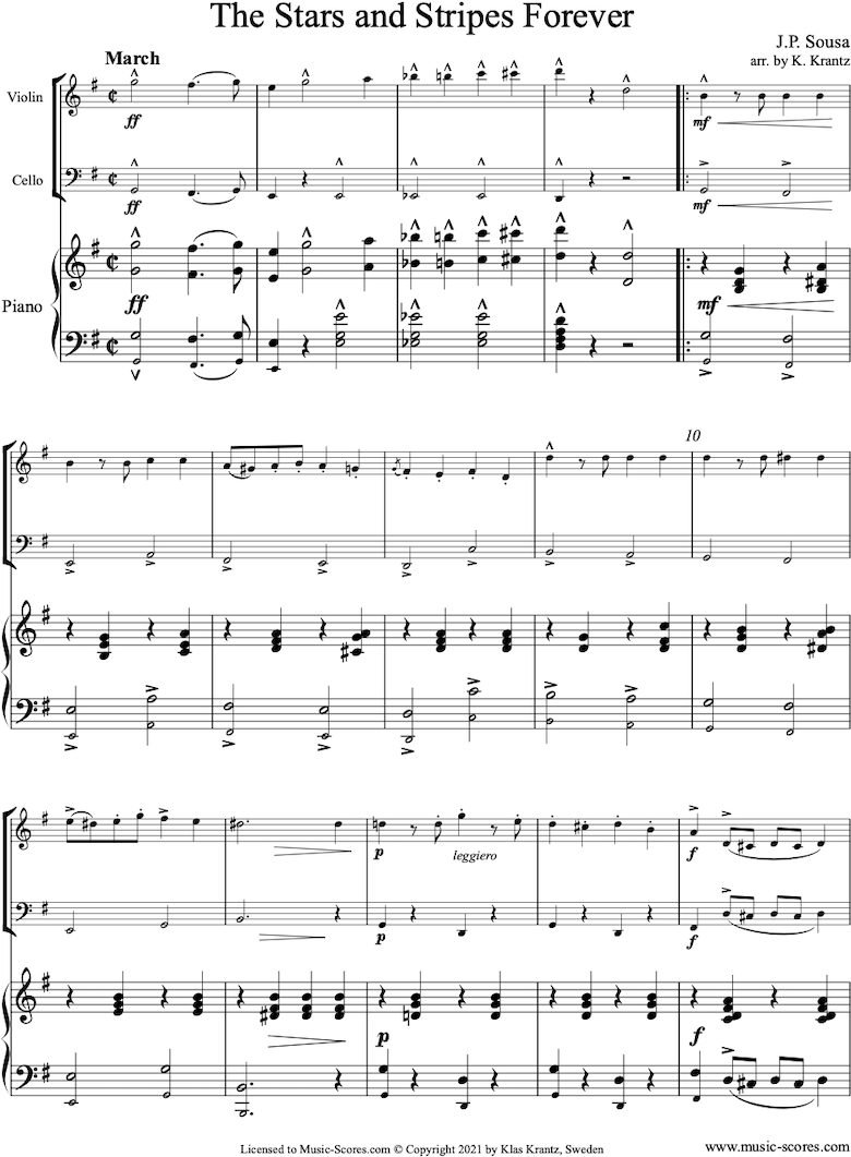 Front page of Stars and Stripes Forever: Violin, Cello, Piano sheet music