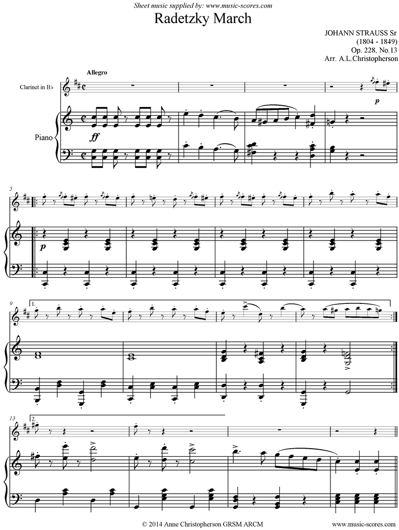 Front page of Op.228, No.13: Radetzky March: Clarinet sheet music