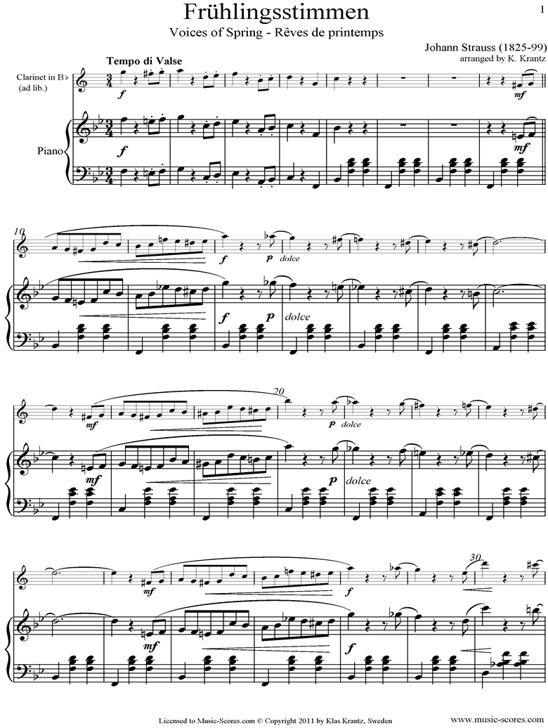 Front page of Op.410 Fruhlingsstimmen: Clarinet, Piano sheet music