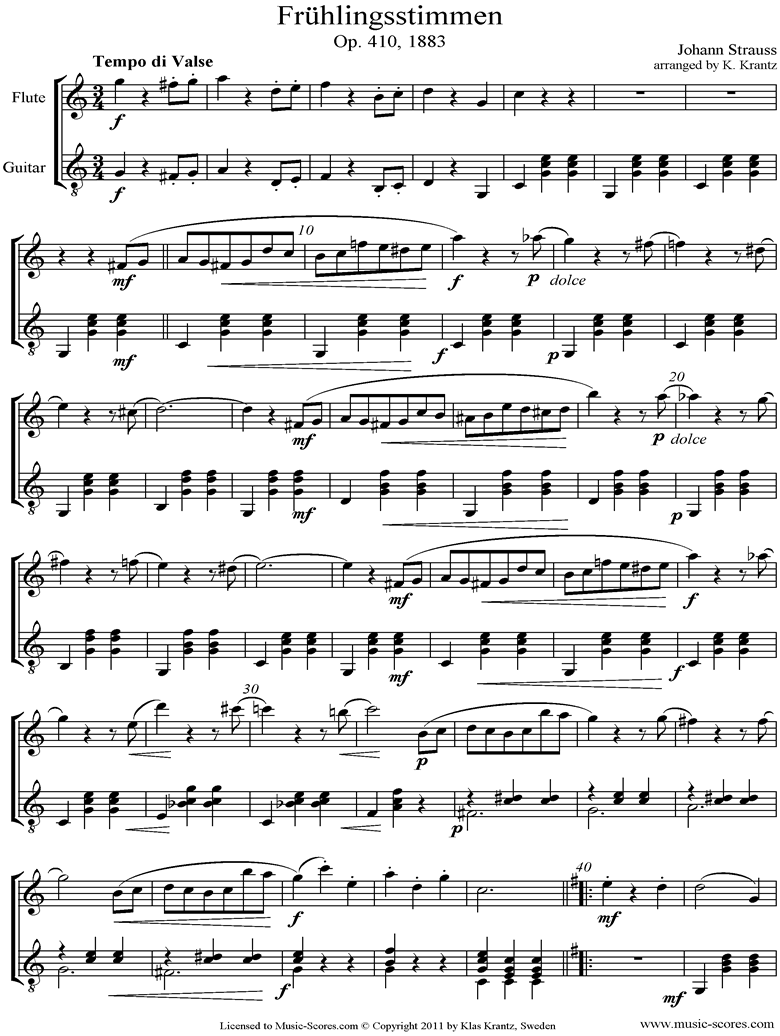 Front page of Op.410 Fruhlingsstimmen: Flute, Guitar sheet music