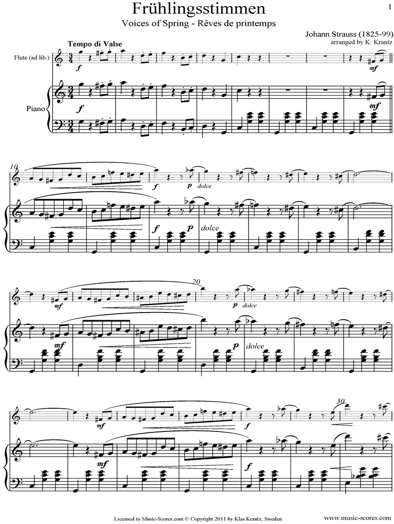 Front page of Op.410 Fruhlingsstimmen: Flute, Piano sheet music