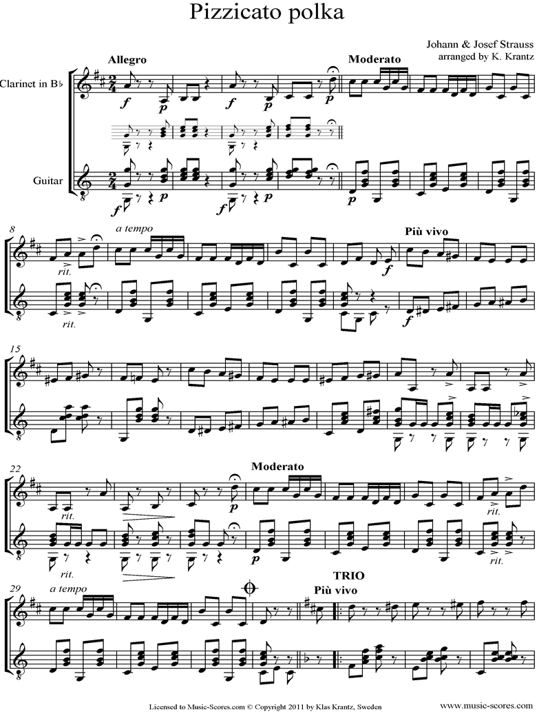 Front page of Pizzicato Polka: Clarinet, Guitar sheet music