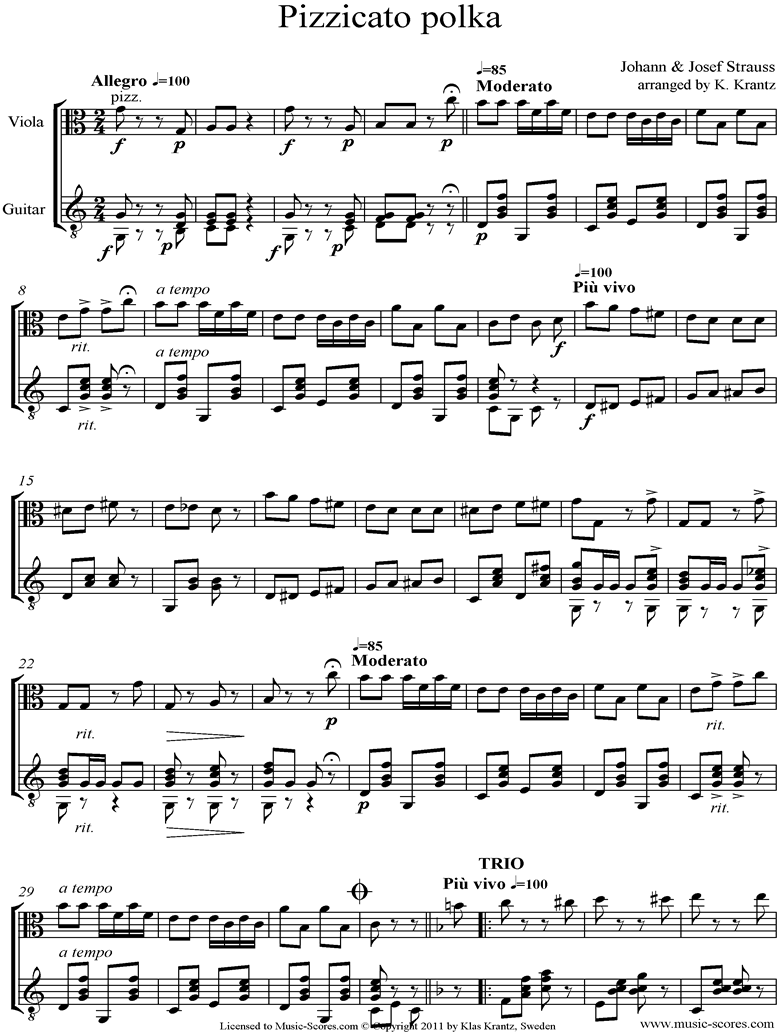 Front page of Pizzicato Polka: Viola, Guitar sheet music