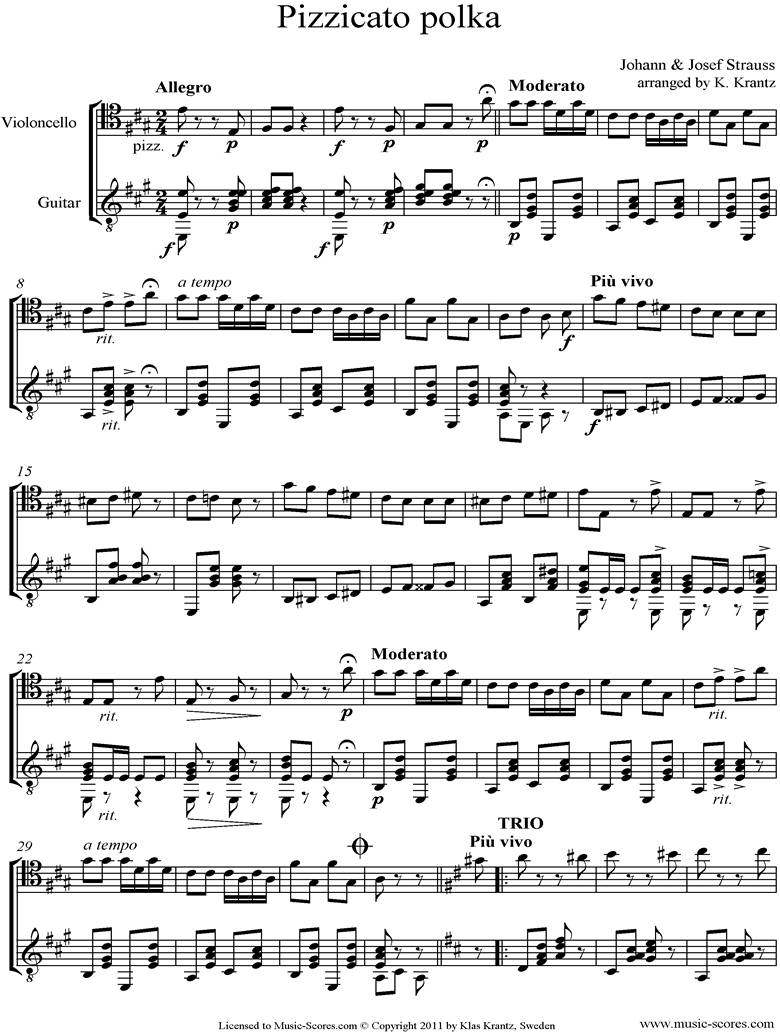 Front page of Pizzicato Polka: Cello, Guitar sheet music