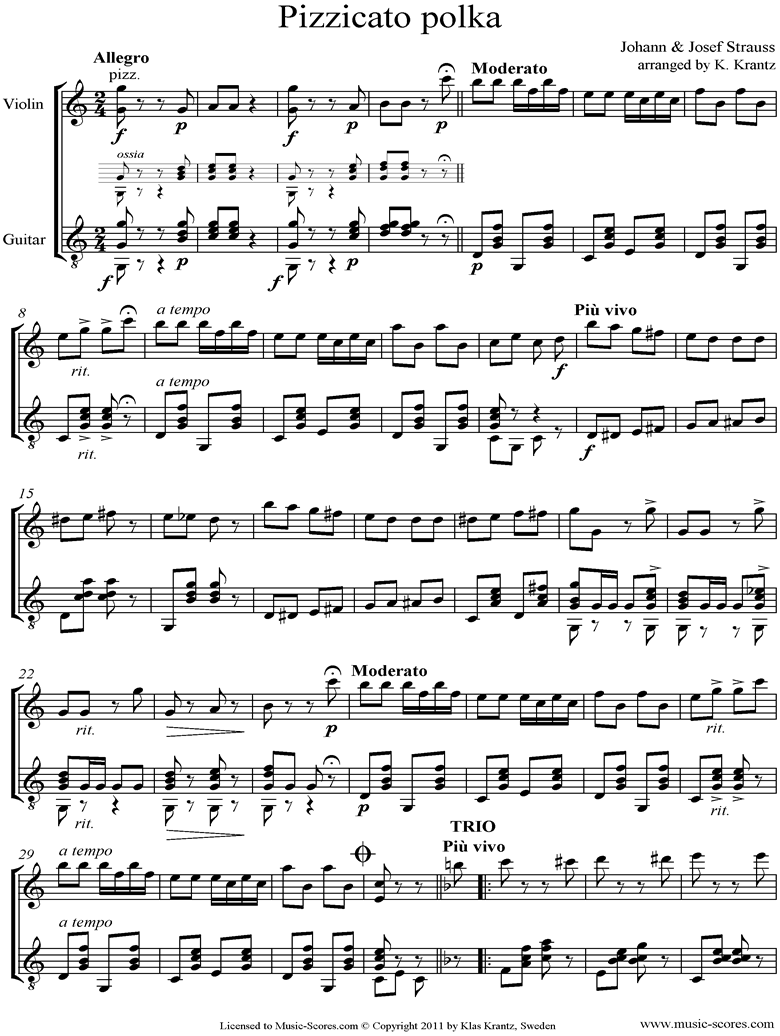 Front page of Pizzicato Polka: Violin, Guitar sheet music