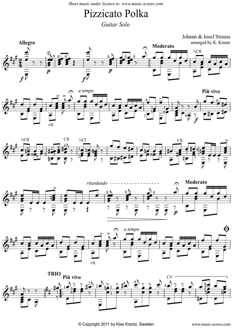 Front page of Pizzicato Polka: Guitar sheet music