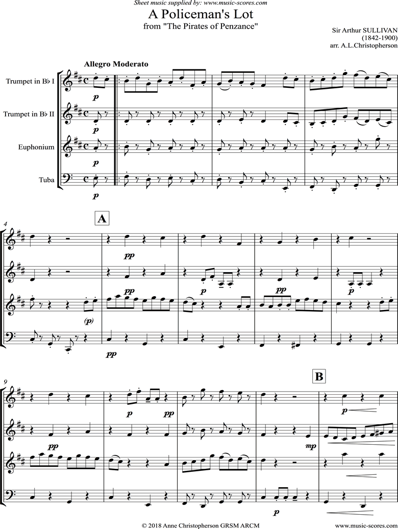 Front page of The Pirates of Penzance: A Policemans Lot: Brass Quartet sheet music
