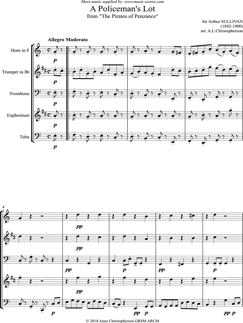 Front page of The Pirates of Penzance: A Policemans Lot: Brass Quintet sheet music