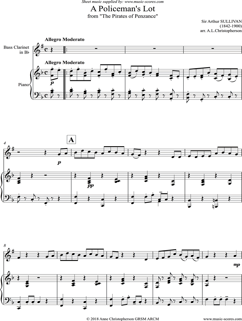 Front page of The Pirates of Penzance: A Policemans Lot: Bass Clarinet, Piano sheet music