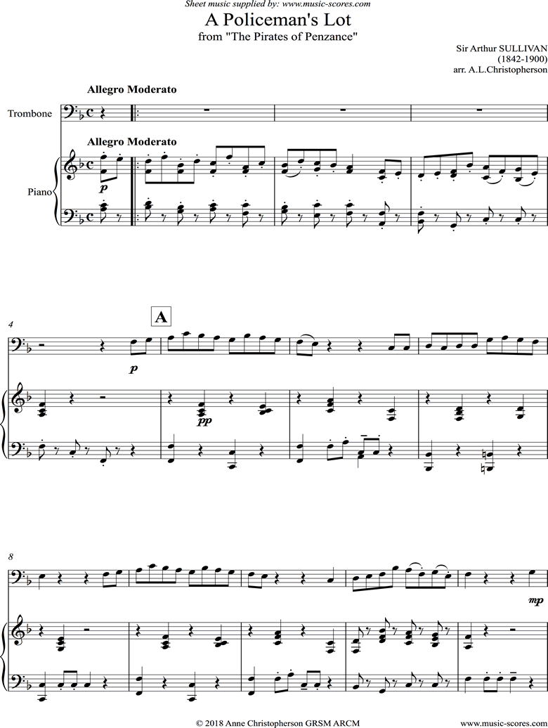 Front page of The Pirates of Penzance: A Policemans Lot: Trombone, Piano sheet music