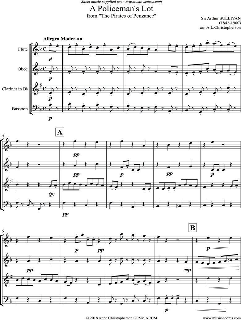 Front page of The Pirates of Penzance: A Policemans Lot: Wind Quartet sheet music