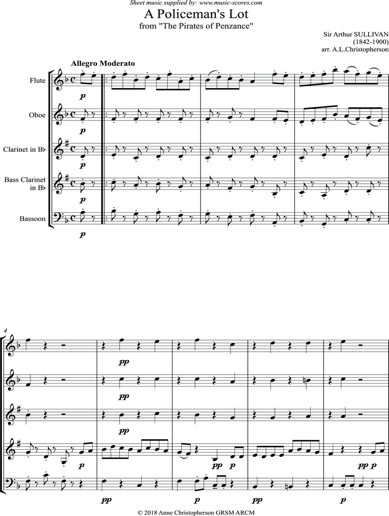 Front page of The Pirates of Penzance: A Policemans Lot: Wind Quintet sheet music