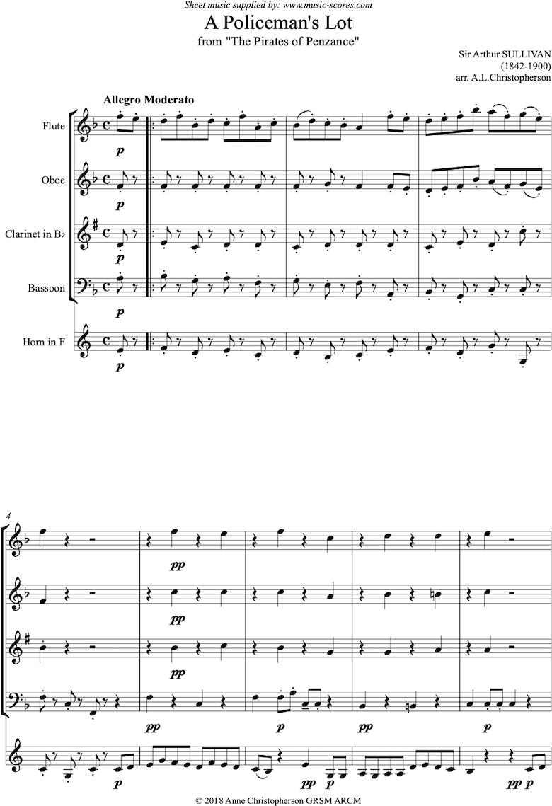 Front page of The Pirates of Penzance: A Policemans Lot: Wind Quintet sheet music