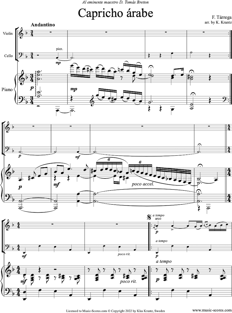 Front page of Capricho Arabe: Violin, Cello, Piano sheet music