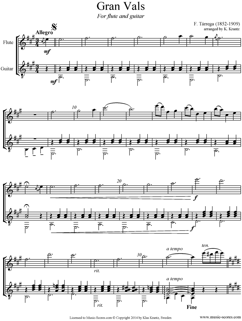 Front page of Gran Vals: Flute, Guitar sheet music
