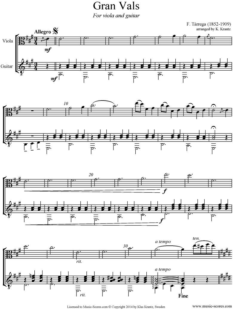 Front page of Gran Vals: Viola, Guitar sheet music