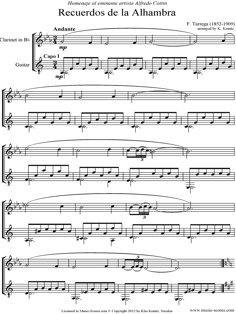 Front page of Recuerdos de la Alhambra: Clarinet, Guitar Capo I sheet music