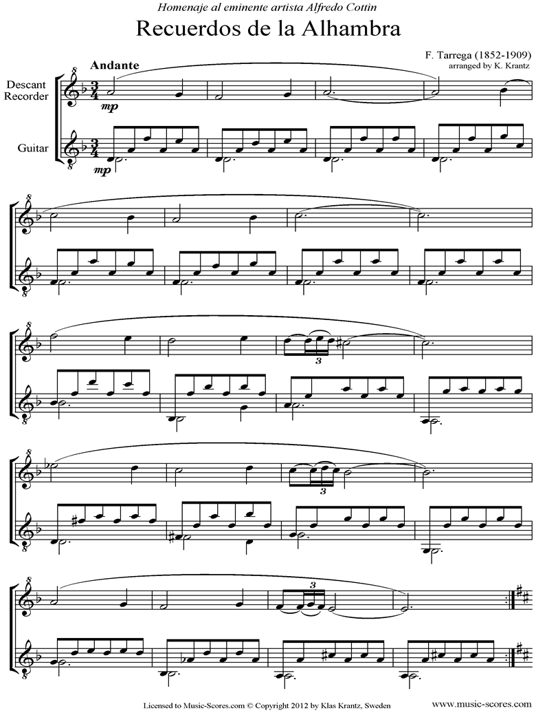 Front page of Recuerdos de la Alhambra: Descant Recorder, Guitar sheet music