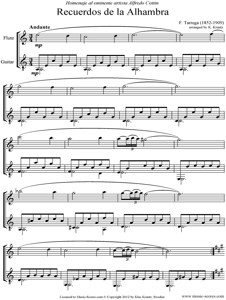 Front page of Recuerdos de la Alhambra: Flute, Guitar sheet music