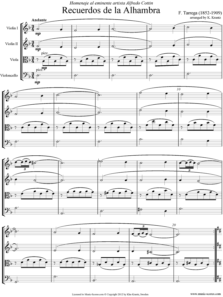 Front page of Recuerdos de la Alhambra: String Quartet sheet music