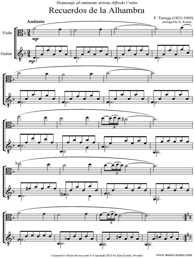 Front page of Recuerdos de la Alhambra: Viola, Guitar sheet music