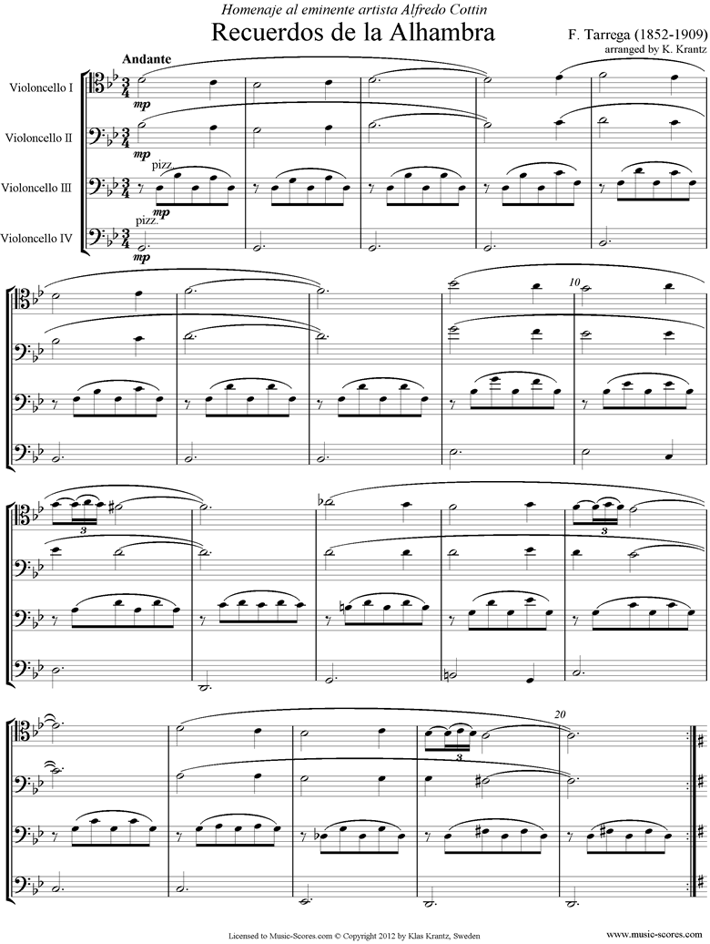 Front page of Recuerdos de la Alhambra: Cello Quartet sheet music