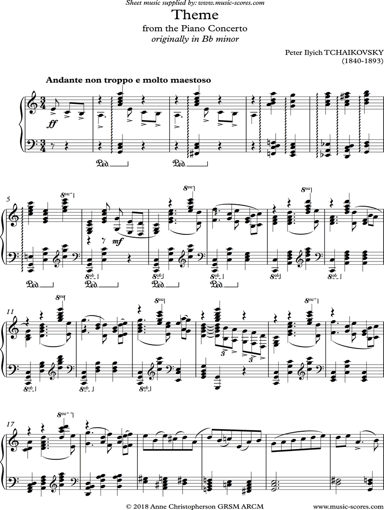 Front page of Theme only, from Piano Concerto No.1. Abridged. sheet music