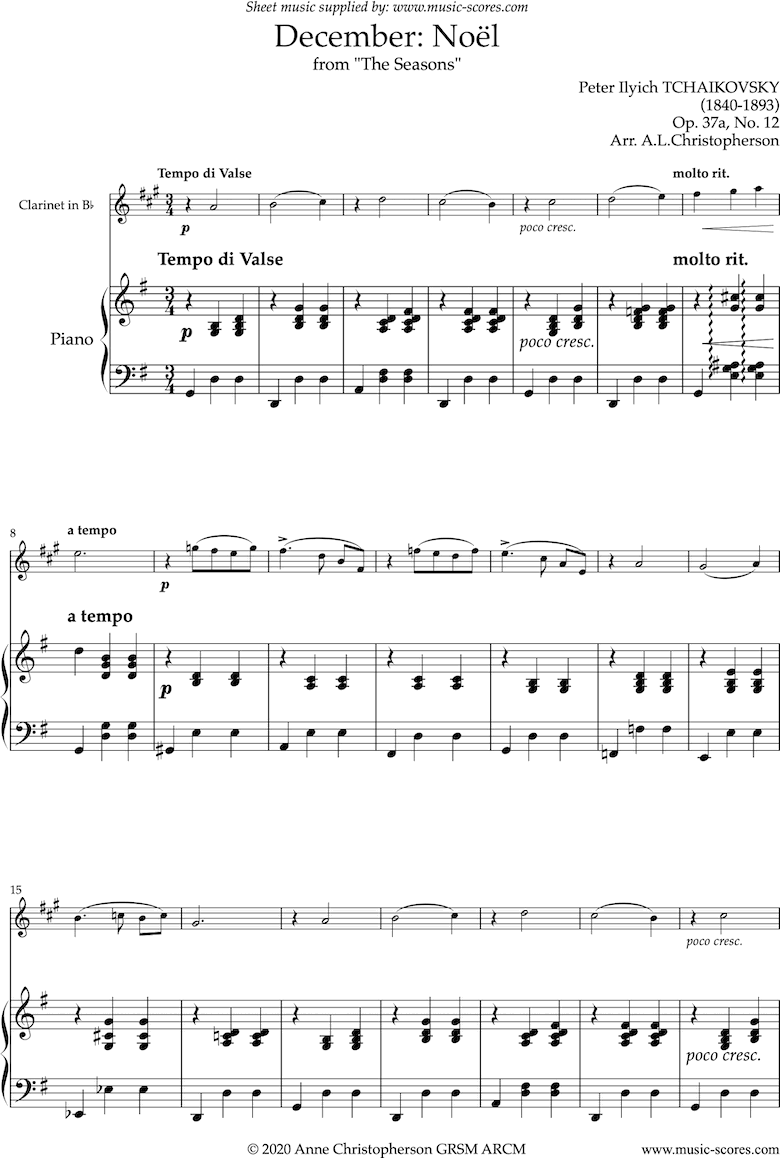 Front page of The Seasons, Op 37: December: Noel: Clarinet sheet music