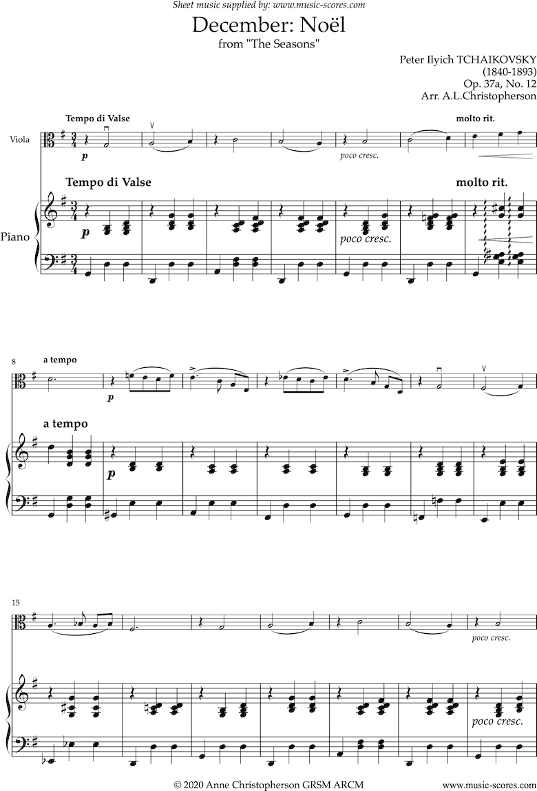 Front page of The Seasons, Op 37: December: Noel: Viola sheet music