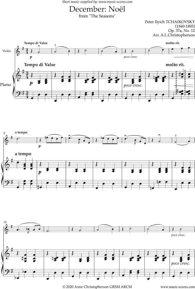 Front page of The Seasons, Op 37: December: Noel: Violin sheet music