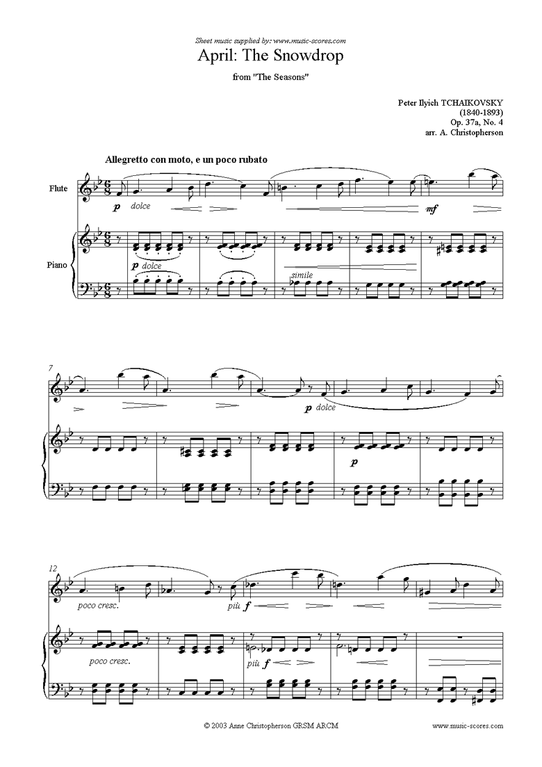 Front page of The Seasons, Op 37: April: The Snowdrop - Flute sheet music