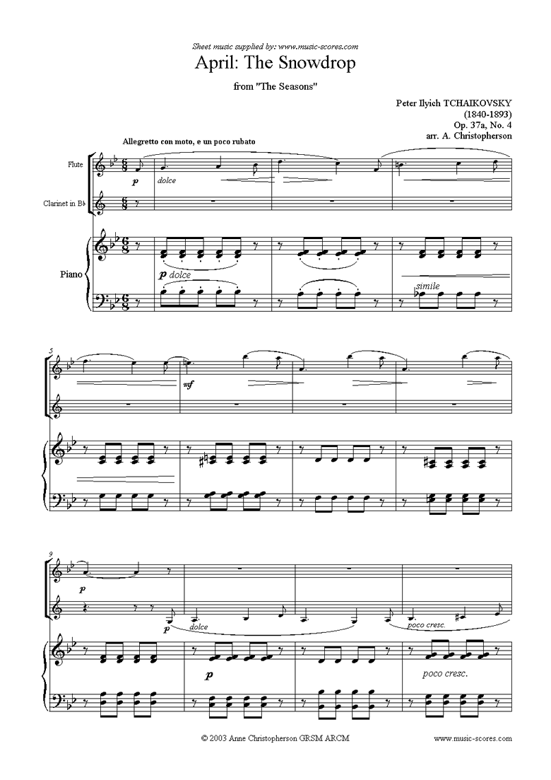 Front page of The Seasons, Op 37: April: The Snowdrop - Fl, Cl sheet music