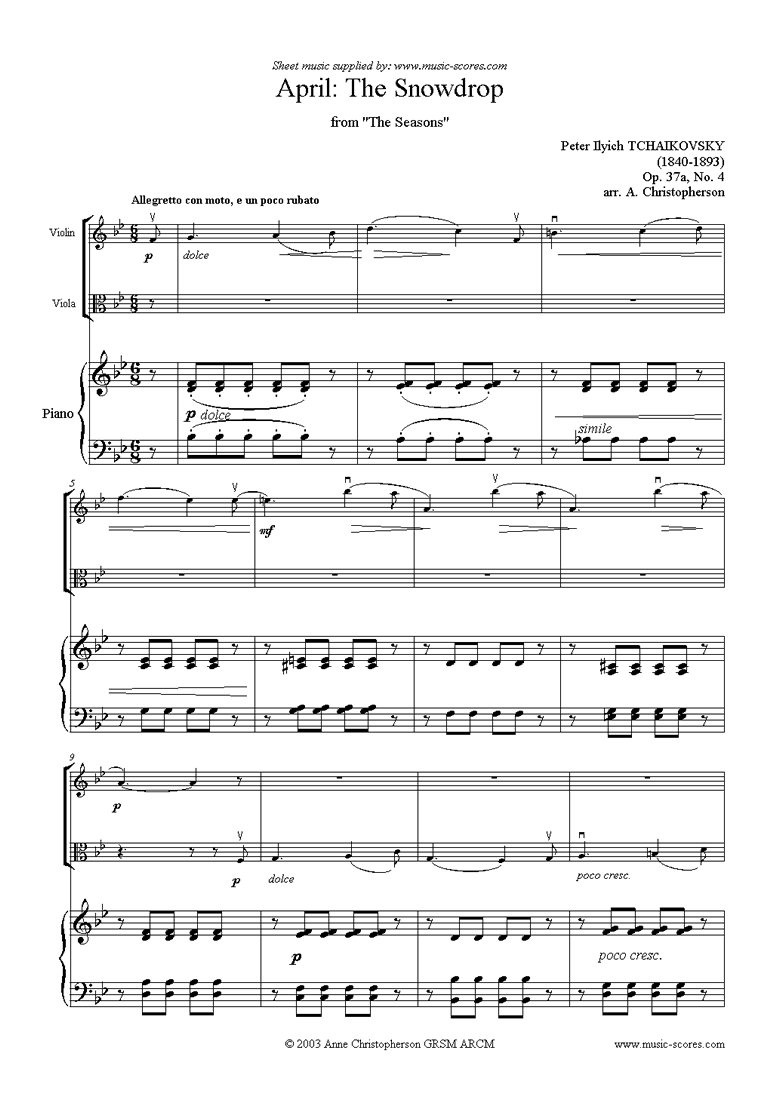 Front page of The Seasons, Op 37: April: The Snowdrop - Vn, Va sheet music