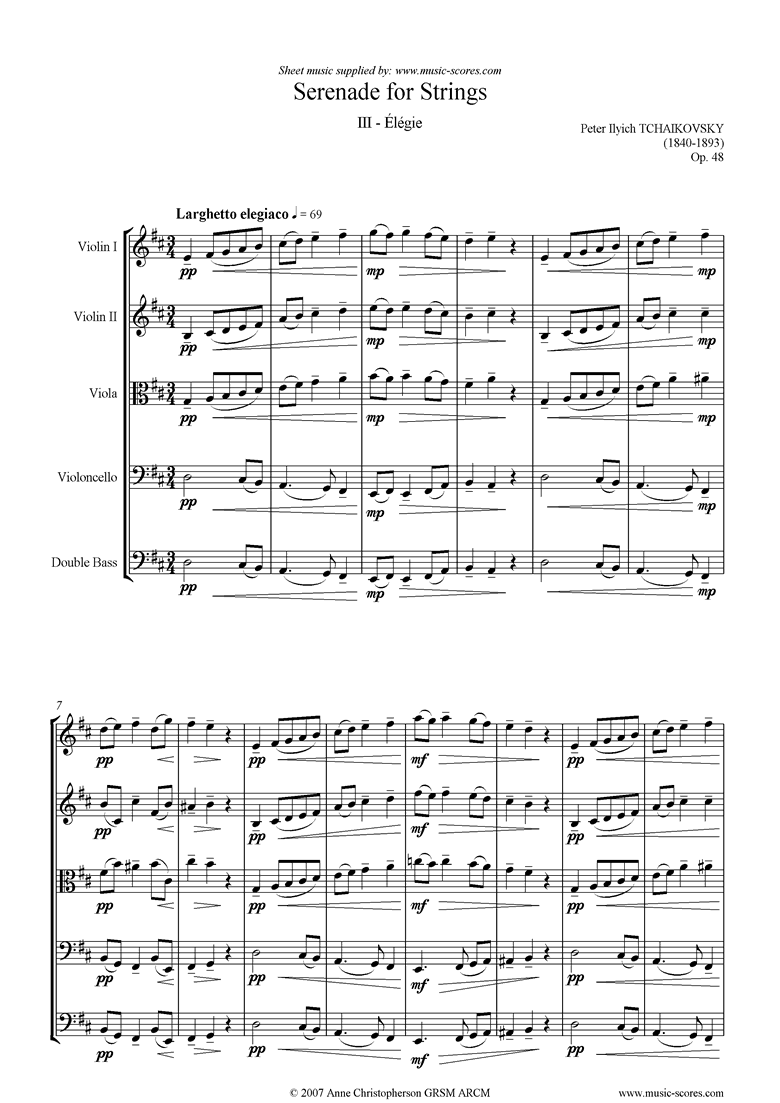 Front page of Op.48: Serenade for Strings, 3rd mvt: Elegie sheet music