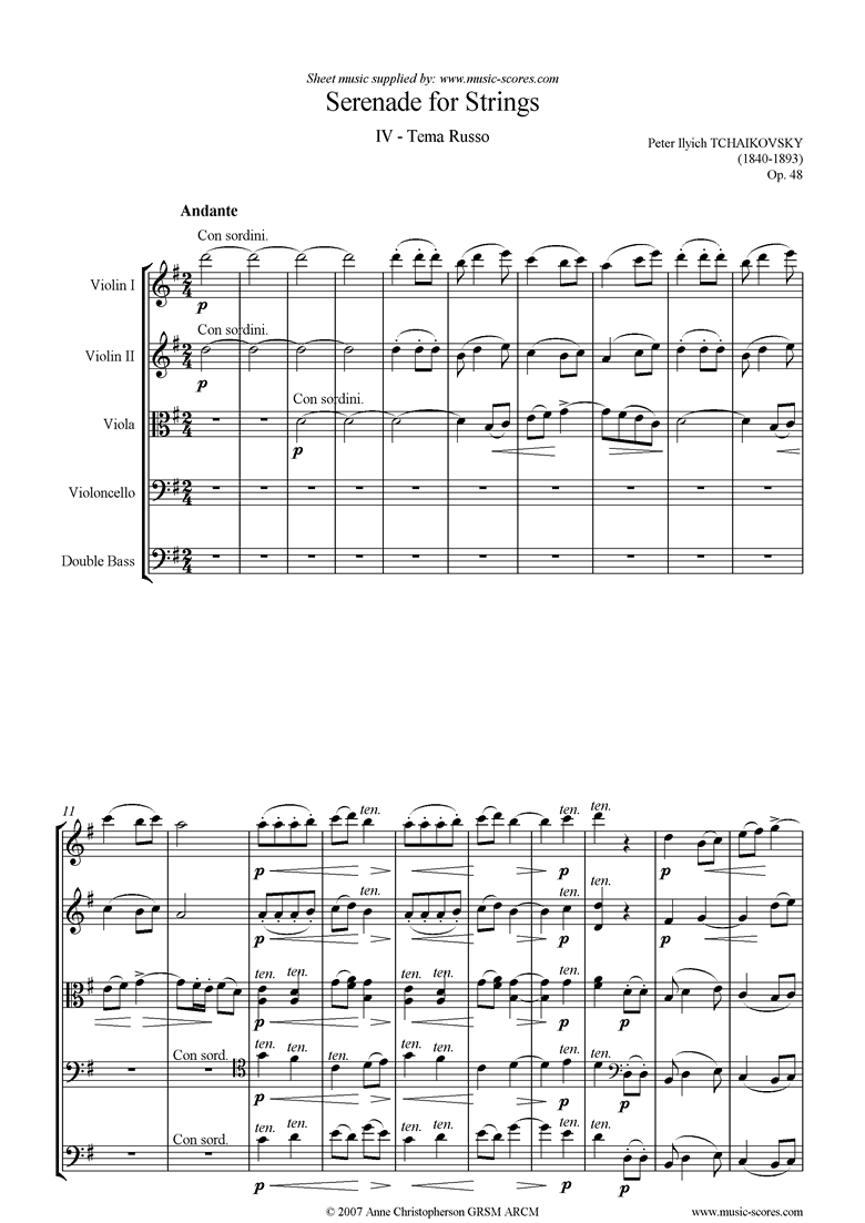 Front page of Op.48: Serenade for Strings, 4th mvt: Thema Russo sheet music