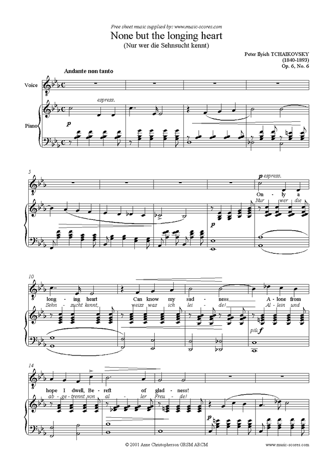 Front page of Op.6, No.6: None but the Longing Heart sheet music