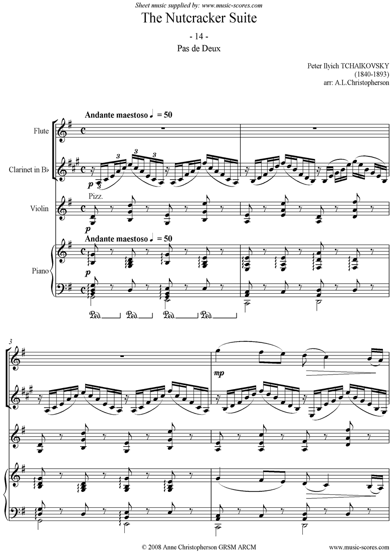Front page of Nutcracker Suite: 14 Pas de Deux. Fl,Cl,Vn,Pno sheet music