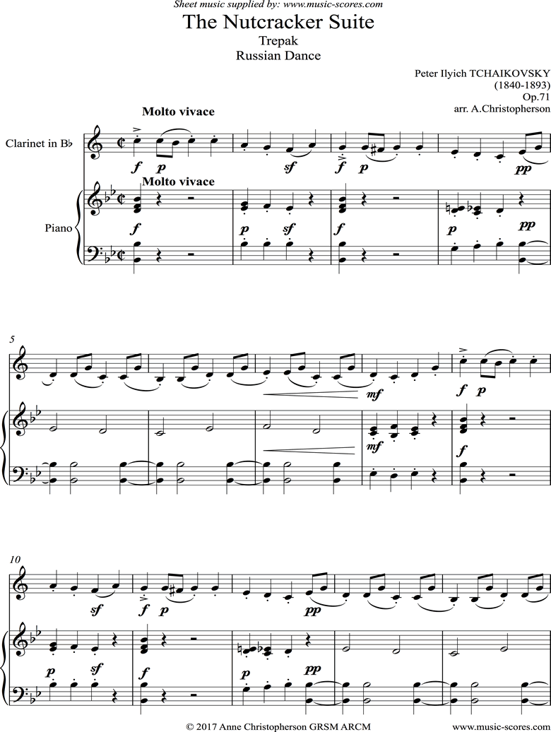 Front page of Nutcracker Suite: Russian Dance: Trepak: Clarinet. Bb ma. sheet music